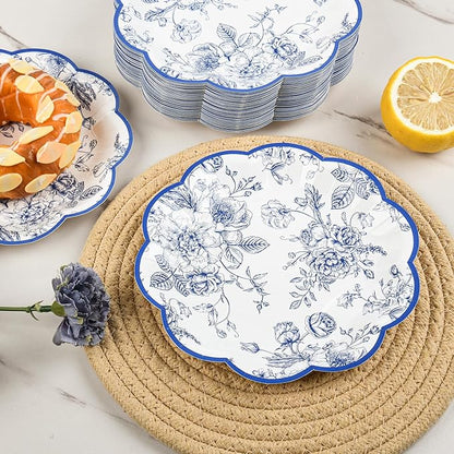 Blue Floral Party Plates Vintage Floral Leaf Disposable Paper Plates Wildflower Blue Toile 7" Scalloped Rim Dessert Plates for Christmas Birthday Bridal Tea Party Supplies (48)
