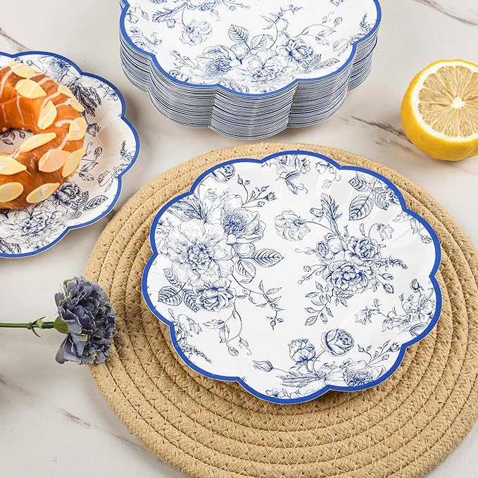 Blue Floral Party Plates - Vintage Leaf Disposable Paper Plates, Wildflower Toile 7" Scalloped Rim Dessert Plates for Christmas, Birthday, Bridal Tea Party Supplies (24 Count)