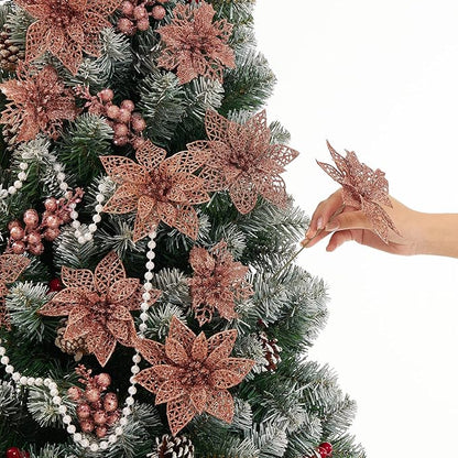 22Pcs Poinsettia Artificial Flowers and Glitter Berries Stems Kit, 16Pcs Christmas Tree Flowers Ornaments and 6 Pack Christmas Tree Picks for Wedding Holiday Decorations (Rose Gold)