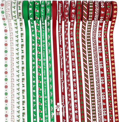 MEEDEE 3/8 inch 100 Yards Assorted Christmas Ribbon - Pack of 20 in Red, Green & White - Mix Grosgrain & Double Face Satin Ribbon for Holiday Décor, Gift Wrapping, Xmas Wreath Bow or Crafting Project
