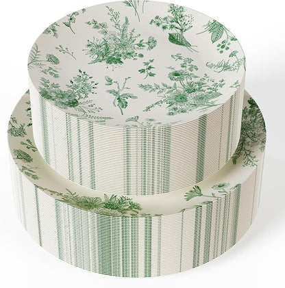 Trendables Plastic Disposable Plates Set I 8 Inch Dessert Plates & 10 Inch Wedding Party Plates | Ivory & Green Verdure Design (40)