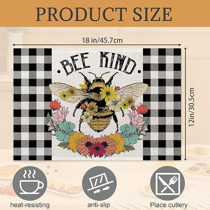 Summer Bee Placemats Set of 6,Washable Heat Resistant 12×18 Inch Linen Table Mats Sunflower Place Mats for Party Outdoor Dining Decor