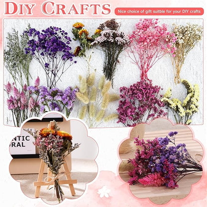 11 Kinds of Dried Flowers for Crafts Bulk DIY Natural Multi-color Dried Pampas Grass Lavender Forget Me Not Babys Breath with Stems Dry Flower Bouquets with Hemp Rope for Home Decor Floral Arrangement