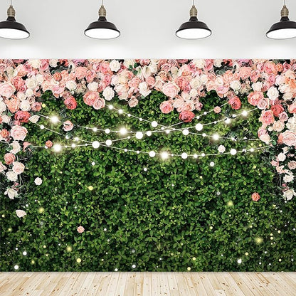 Riyidecor Flower Wall Backdrop 7Wx5H Feet Polyester Fabric Pink Rose Floral Blossom Green Leaves Plant Spring Nature Birthday Women Girls Photography Background Wedding Photo Studio Shoot