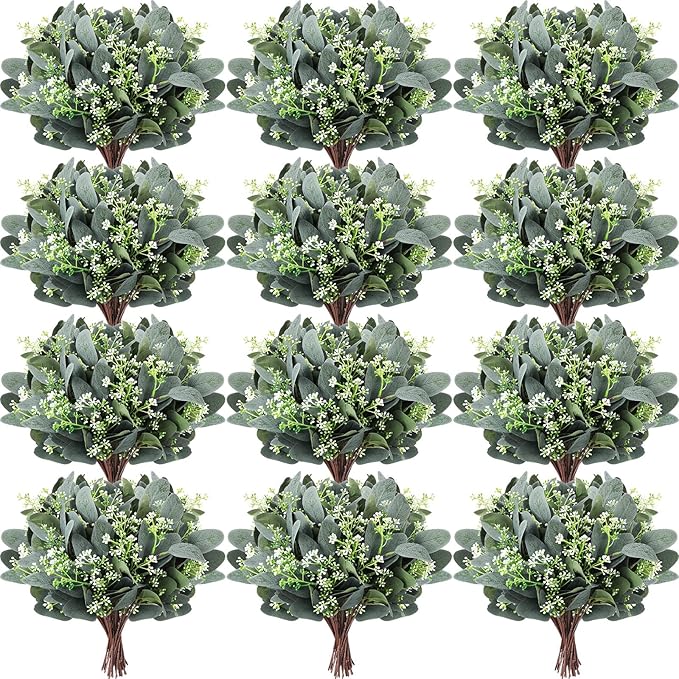 Janinka 60 Pcs Mixed Eucalyptus Leaves Stems Bulk Artificial Eucalyptus Leaves with White Seeds Artificial Silver Dollar Sprays Faux Oval for Floral Wreath Bouquets Wedding Greenery Decoration