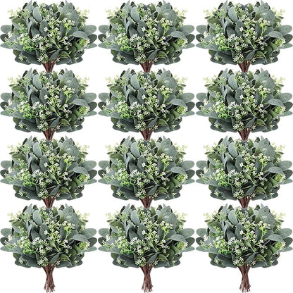 Janinka 60 Pcs Mixed Eucalyptus Leaves Stems Bulk Artificial Eucalyptus Leaves with White Seeds Artificial Silver Dollar Sprays Faux Oval for Floral Wreath Bouquets Wedding Greenery Decoration