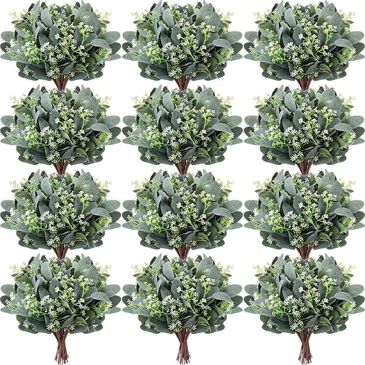 Janinka 100 Pcs Mixed Eucalyptus Leaves Stems Bulk Artificial Eucalyptus Leaves with White Seeds Artificial Silver Dollar Sprays Faux Oval for Floral Wreath Bouquets Wedding Greenery Decoration