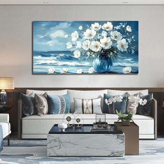 Flower Wall Art for Living Room, Ocean Canvas Wall-Decor for Bedroom, Blue and White Picture Print Artwork for Office, Large Size 59 x 29 Inches