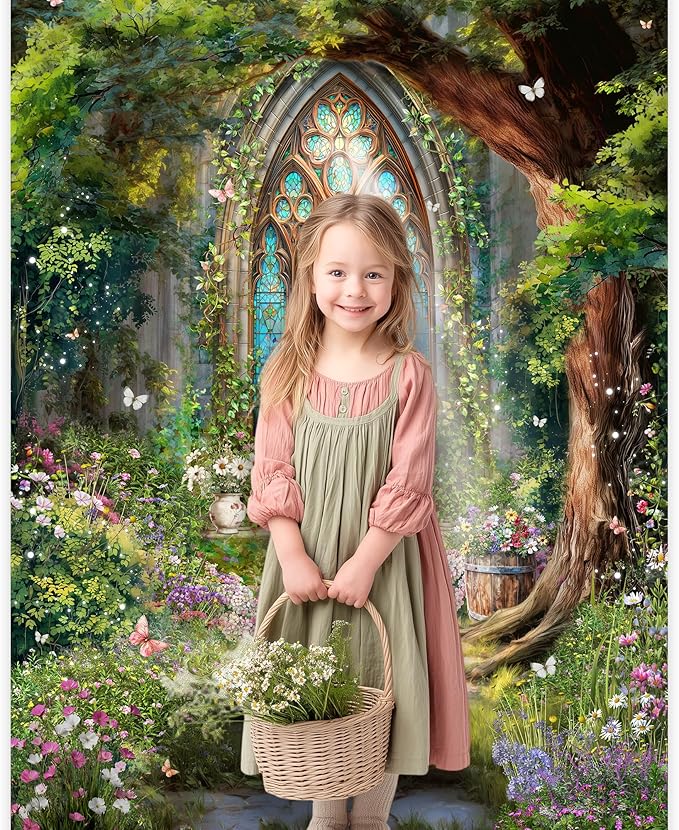 Riyidecor Fairy Forest Backdrop Polyester Fabric Green Enchanted Garden Wonderland Butterfly Flower Magic Stained Glass 5Wx7H Feet Photography Background Birthday Baby Shower Photo Studio Shoot