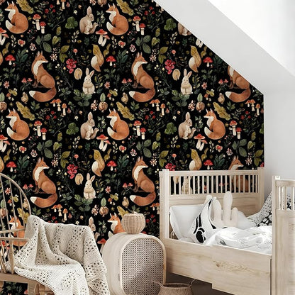 Vintage Fox Rabbit Mushroom Peel and Stick Wallpaper Removable Whimsical Botanical Leaf 17.7" x 236.22" Wall Paper Watercolor Self Adhesive Contact Paper for Classroom Bedroom laundry room bathroom