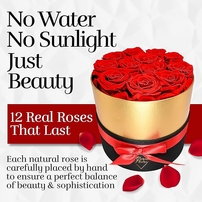 GLAMOUR BOUTIQUE Eternal Preserved Roses in a Box - Flowers Forever, Rose Forever in a Box for Wife, Birthday Gifts for Her, 12 Roses, Red