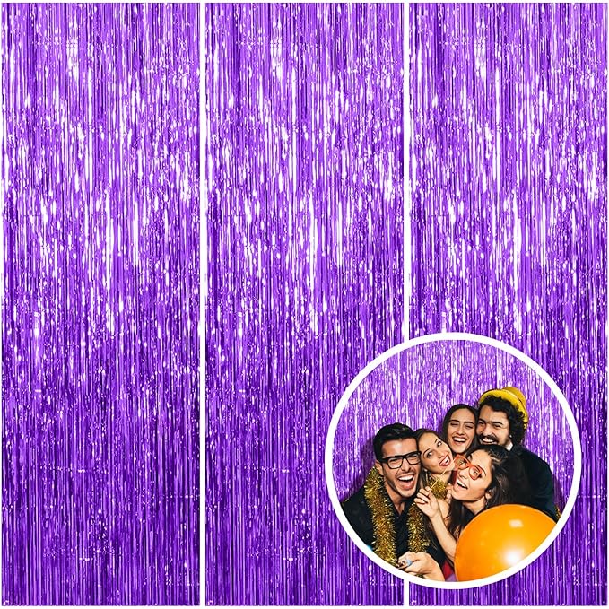 3 Pack Purple Streamers Backdrop Curtain Halloween Party Decorations Purple Tinsel Foil Fringe Backdrop Birthday Graduation Bachelorette Christmas New Year Themed Party Decorations