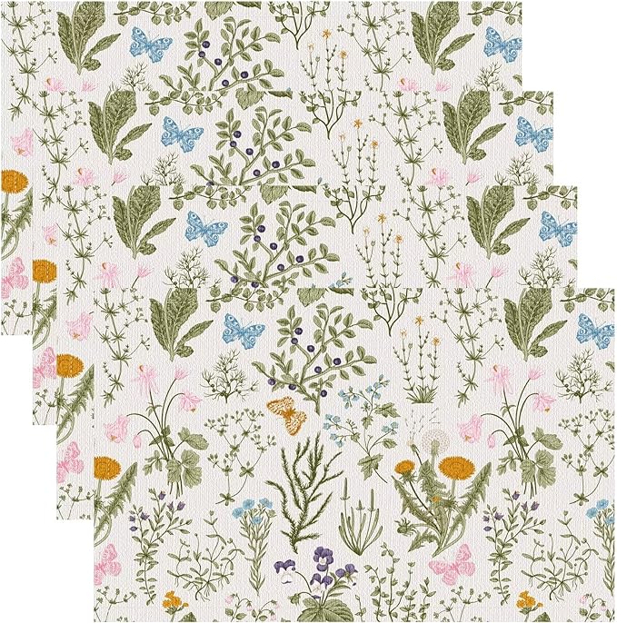 Botanical Placemats Set of 4, 17x12 Inch Butterfly Green Leaf Colorful Wildflower Vintage Rustic Style Table Mats for Home Party Kitchen Dining Decor