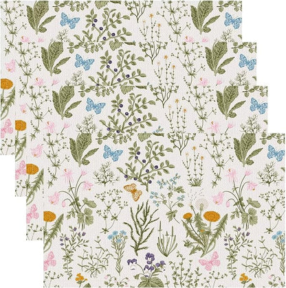 Botanical Placemats Set of 4, 17x12 Inch Butterfly Green Leaf Colorful Wildflower Vintage Rustic Style Table Mats for Home Party Kitchen Dining Decor