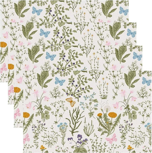 Botanical Placemats Set of 4, 17x12 Inch Butterfly Green Leaf Colorful Wildflower Vintage Rustic Style Table Mats for Home Party Kitchen Dining Decor