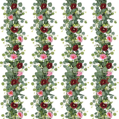 TOCHGREEN 4 Pack Artificial Eucalyptus Flower Garland with Red and Pink Roses, Fake Rose Flower Greenery Garland Floral Vines for Wedding Home Party Table Runner Decor (Red Pink, 4PCS)
