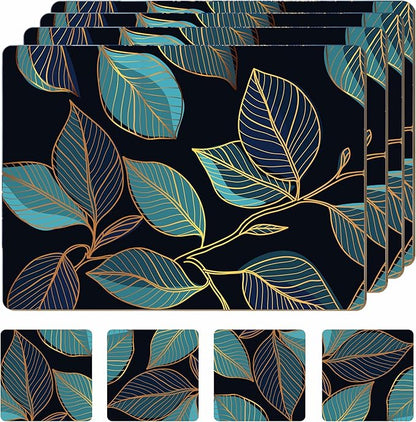 Set of 4 Heat Resistant Cork Placemats for Dining Table with Free Set of 4 Matching Drink Coasters Sage Green Marble Design 16 x 12 Inches Cork Backed Hard Placemats (Blue Gold Botanical)