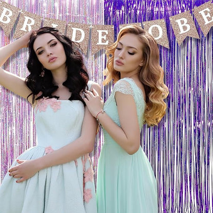 BRAVESHINE 1 Purple 1 Pink Streamers Party Backdrop - 3.2 ft x 8.2 ft Metallic Tinsel Foil Fringe Curtains for Hunters/Christmas/Girl/Women/Birthdays/Engagement/Bridal Shower/Bachelorette Decorations