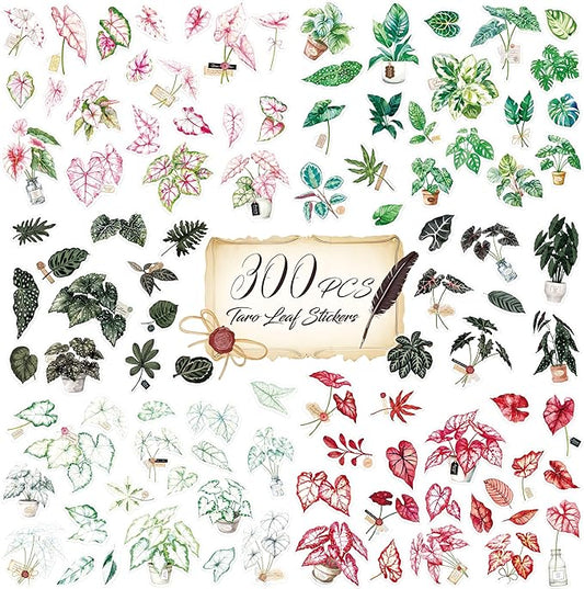 300 PCS PVC Taro Leaf Stickers, Self-Adhesive PVC Greenery Stickers Nature Plant Decals for Scrapbook, Laptop, Journal, DIY Project, Spring Themed Party Decors