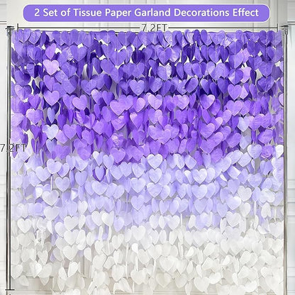 205Ft Lavender Party Decoration Ombre Purple White Heart Backdrop Streamer Tissue Paper Heart Hanging Garland for Birthday Valentines Day Bachelorette Wedding Bridal Shower Lilac Violet Party Supplies