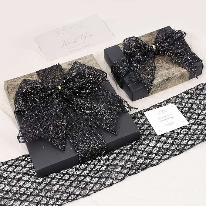 VATIN 4" Black Christmas Ribbon, Black Glitter Mesh Diamond Web Sequin Dots Wired Christmas Ribbon for Gift Wrapping Bow Making Wreath Supply-10 Yards
