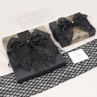 VATIN 6" Black Christmas Ribbon, Black Glitter Mesh Diamond Web Sequin Dots Wired Christmas Ribbon for Gift Wrapping Bow Making Wreath Supply-10 Yards