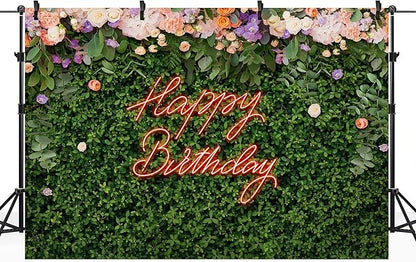 Riyidecor Green Leaves Happy Birthday Backdrop Polyester Fabric for Woman Neon Spring Flower Wall Floral Blossom Plant Botanical 7Wx5H Feet Nature Photography Background Birthday Photo Studio Shoot