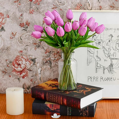 Mandy's Artificial Tulips 20 Stems Lavender PU Faux Flowers for Thanksgiving and Christmas Decorations Wedding Home Decor 13.5 Inch