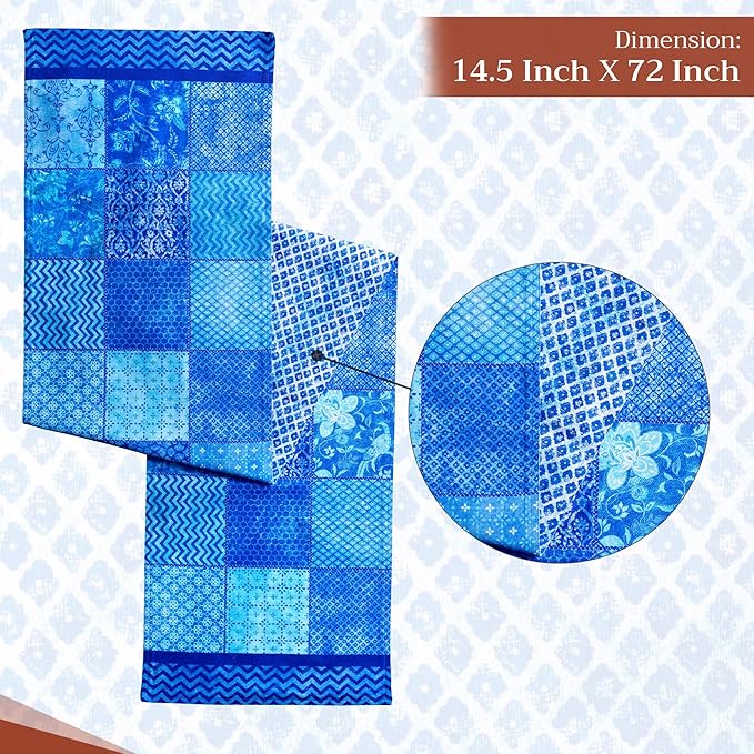 Maison d' Hermine Table Runner 100% Cotton Double Layer Table Runners 72 inches Long Decorative for Kitchen Dining Party Baby Shower Wedding Bridal Shower Spring Summer (Indigo Love, 14.50" x 72")