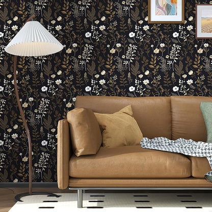 Vintage Dark Floral Small Roll Peelable Wallpaper 17.5" x 78", Moody Black Leaf Botanical Contact Paper for Drawer and DIY Craft, Retro Self Adhesive Wall Paper Brown Taupe Wall Art Decor