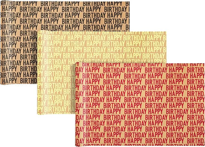 SHUCHING Birthday Gift Kraft Wrapping Paper Roll, Perfect Design for Baby Kids Girl Boy Men Women, 3 Rolls, 17 Inch X 9.8 Feet per Roll
