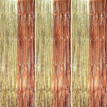 3 Pack 3.3 x 8.2 ft Rose and Champion Foil Fringe Backdrop Curtains, Tinsel Streamers Party Decorations, Fringe Backdrop, Door Shimmer for Anniversary or Birthday Party