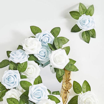Artificial Flowers, 50pcs Baby Blue Artificial Rose for DIY Wedding Bouquets Centerpieces Arrangements, Fake Flower with Stems for Party Home Decorations