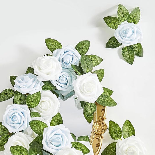 Artificial Flowers, 50pcs Baby Blue Artificial Rose for DIY Wedding Bouquets Centerpieces Arrangements, Fake Flower with Stems for Party Home Decorations