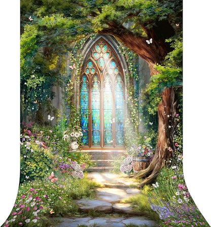 Riyidecor Fairy Forest Backdrop Polyester Fabric Green Enchanted Garden Wonderland Butterfly Flower Magic Stained Glass 5Wx7H Feet Photography Background Birthday Baby Shower Photo Studio Shoot