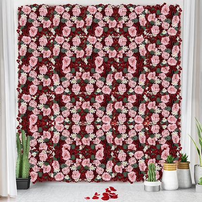 Pack of 12 Artificial Silk Flower Panels, Faux Floral Wall Background for Wedding Party Engagement Bridal Shower Arrangement Home Decorations - Burgundy & Dusty Pink