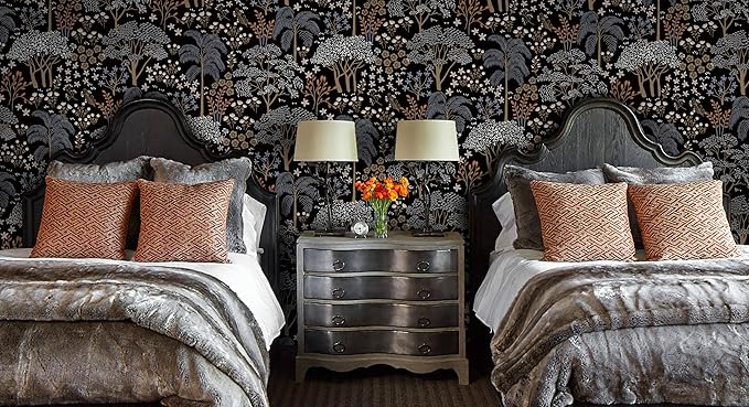 Guvana 197"x16.14" Forest Wallpaper Black Peel and Stick Wallpaper Leaf Contact Paper Floral Self Adhesive Wall Paper for Living Room Cabinets Decorative