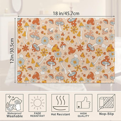 Retro Floral Hippie Mushroom Placemats Set of 6,Groovy Flower Table Mats Non-Slip Heat Resistant Washable Placemat for Party Kitchen Dining Table Decoration Indoor Outdoor