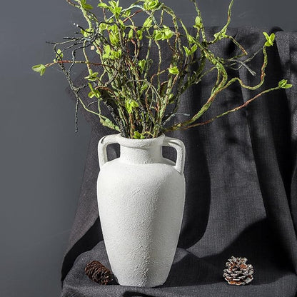 Large Ceramic Vase - 11.41 inch Tall Rustic Vase with 2 Handles, Decorative Flower Vases for Home Decor, Living Room Shelf Decor, Table Office