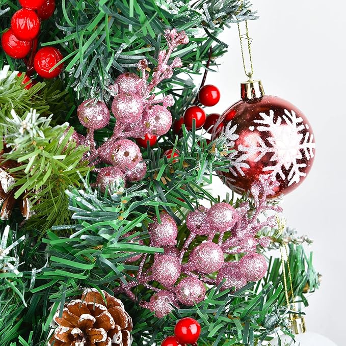14 Pack Christmas Glitter Berries Stems Clearance, 7.8 Inch Artificial Pink Christmas Picks for Christmas Tree Ornaments, DIY Xmas Wreath, Crafts, Holiday and Home Decor (Pink)