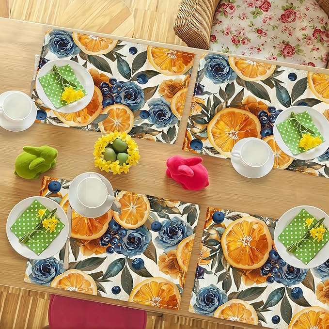 Orange Placemats Set of 4 Fruit Blueberry Rose Leaf Table Mats Washable Place Mats for Home Party Indoor Kitchen Dining Table Decoration 12x18 Inch