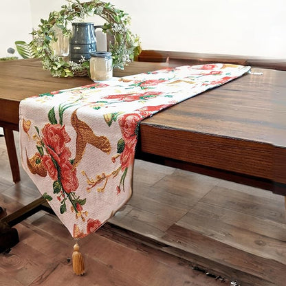 Tache Floral Red Roses Birds Ivory Woven Table Runner - Vintage Tapestry Kitchen Dining Dinner Linens Cloth - 13 x 54 inches