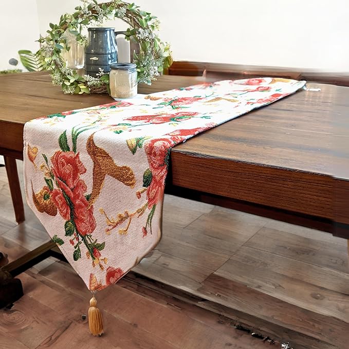 Tache Floral Red Roses Birds Ivory Woven Table Runner - Vintage Tapestry Kitchen Dining Dinner Linens Cloth - 13 x 90 inches