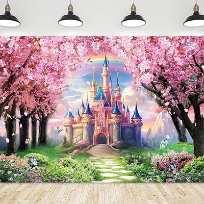 Riyidecor Princess Castle Backdrop Polyester Fabric Pink Sakura Rainbow Flowers Floral Fantasy Fairy Tale Wonderland 8Wx6H Feet Butterfly Photography Background Birthday Wedding Photo Studio Shoot