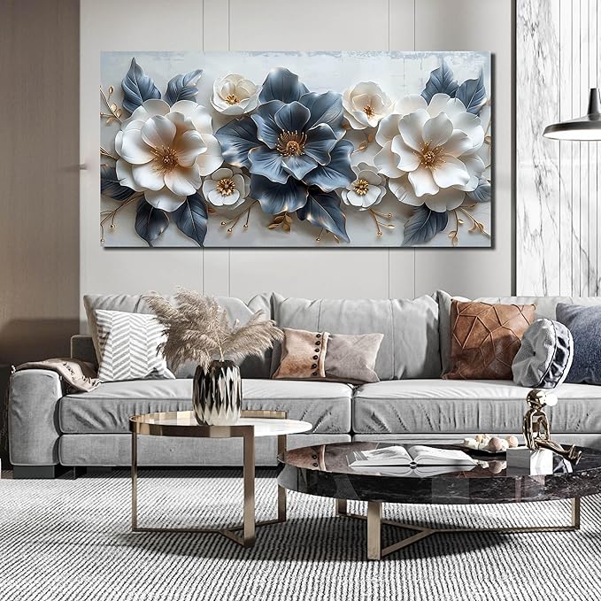 Flower Canvas Wall Art for Office Blue and White All Decor for Bedroom Women Big Wall Art for Living Room Modern Size 29" x 58"