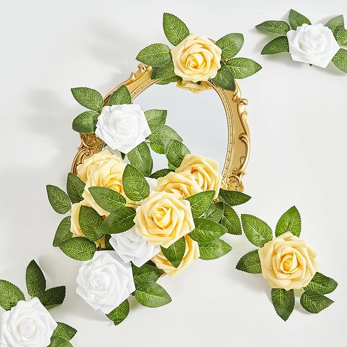 Artificial Flowers, 50pcs Yellow and White Artificial Rose for DIY Wedding Bouquets Centerpieces Arrangements, Fake Flower with Stems for Party Home Decorations