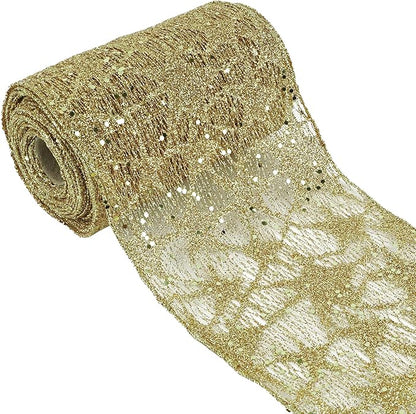 MEEDEE 6 Inch Wide Wired Ribbon Gold Glitter Mesh Web Wired Edge Ribbon by 10 Yards Roll Gold Mesh Wired Ribbons for Christmas Tree, Garland, Holiday Crafts, Wreaths, Bows, Centerpiece, Gift Wrapping