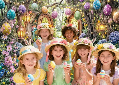 12X10ft Enchanted Forest Easter Backdrop Fairy Tale Rabbit Magic Garden Easter Egg Wonderland Floral Photography Background for Kids Girls Party Decoration Cake Table Photo Booth Props