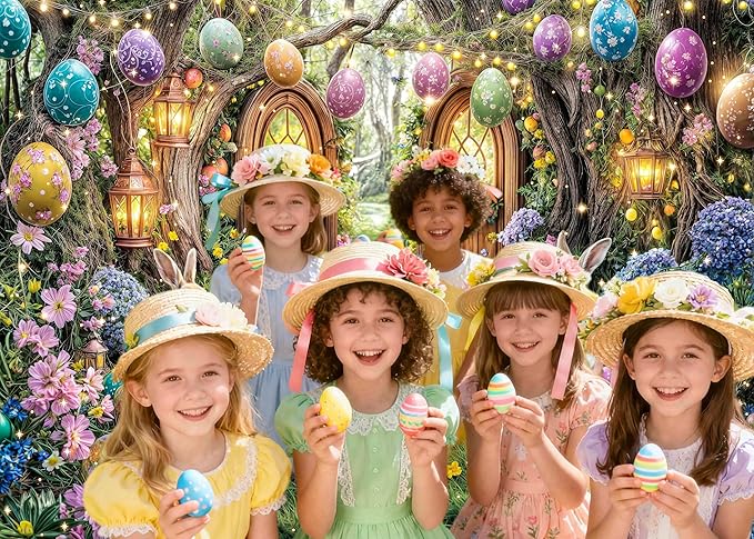 10X8ft Enchanted Forest Easter Backdrop Fairy Tale Rabbit Magic Garden Easter Egg Wonderland Floral Photography Background for Kids Girls Party Decoration Cake Table Photo Booth Props