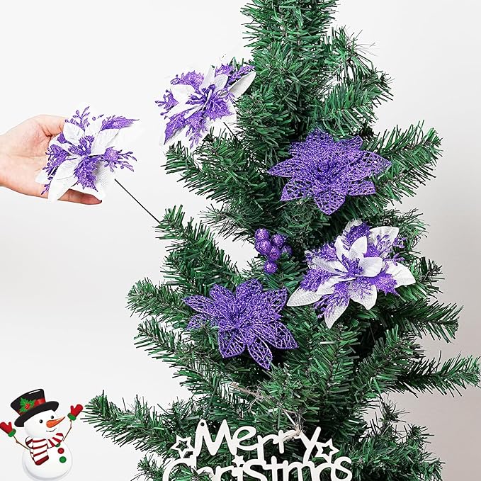 24Pcs Christmas Poinsettia Artificial Flowers and Glitter Berries Kit, 2 Styles Total 16Pcs Christmas Tree Flowers Ornaments, 8Pcs Christmas Tree Picks for Wedding Holiday Decorations, Purple